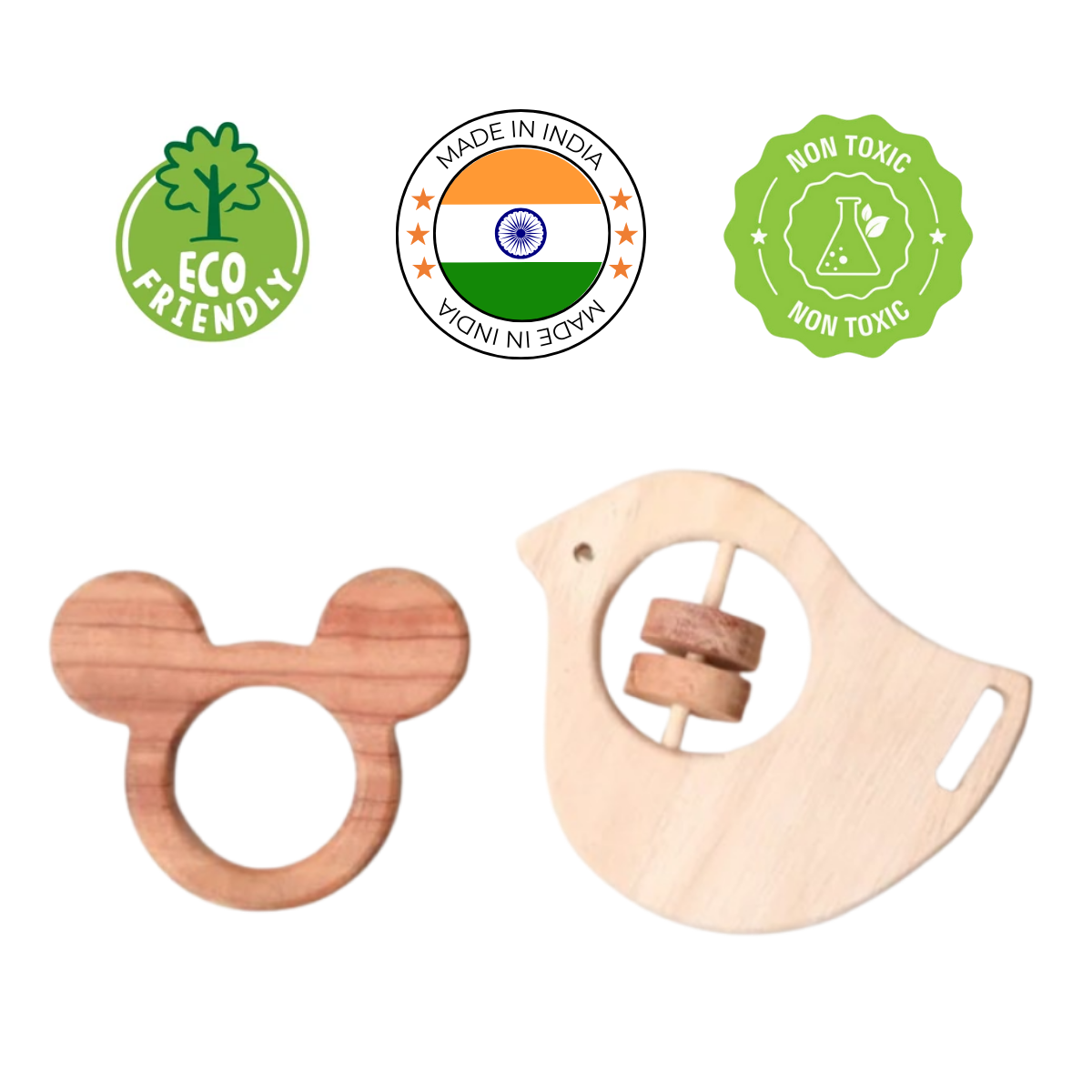 NeemWood Joy Baby Set – Mickey Mouse Teether & Rocking Potato Bird Rattle
