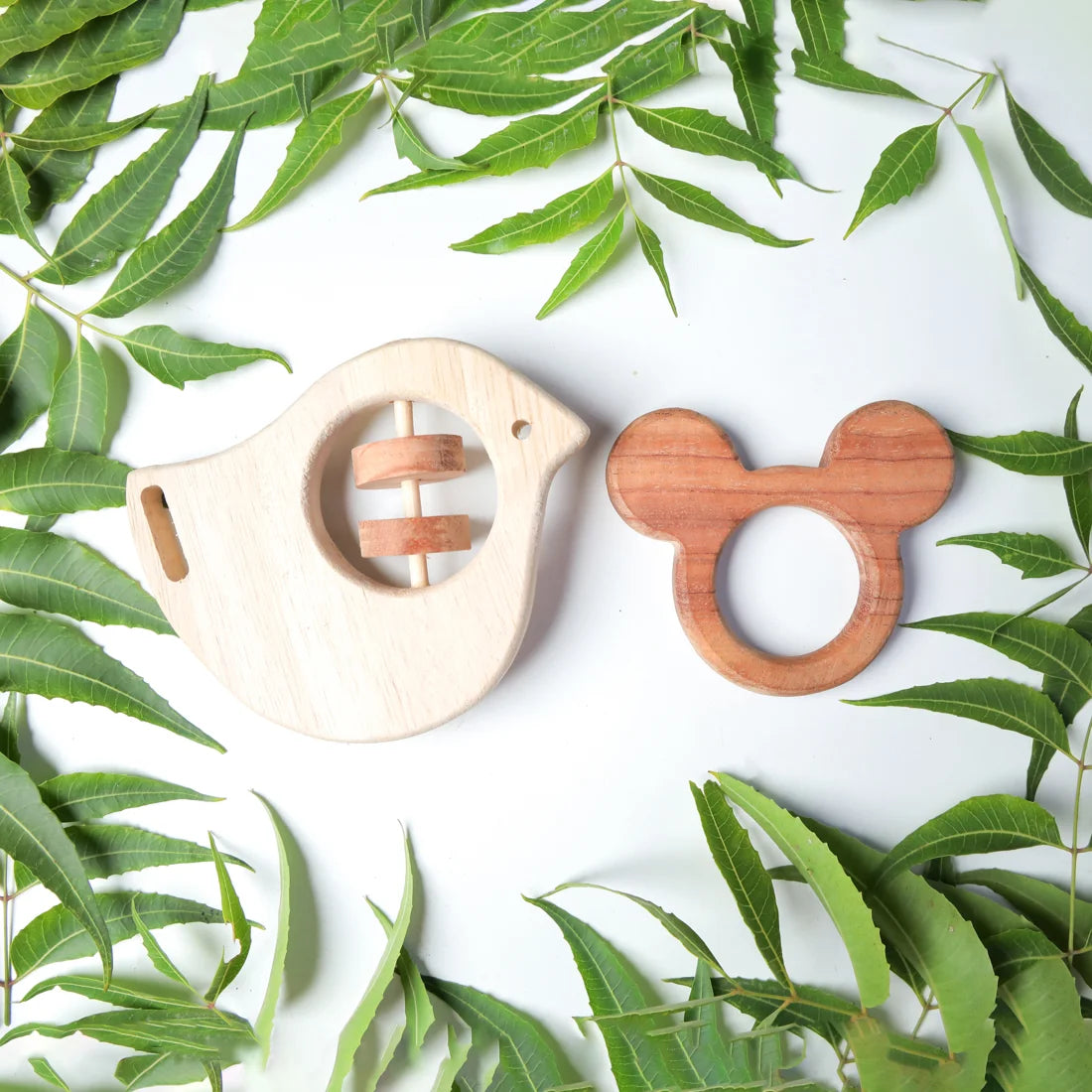 NeemWood Joy Baby Set – Mickey Mouse Teether & Rocking Potato Bird Rattle