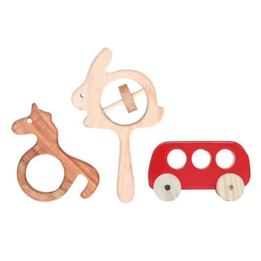 NeemWood Unicorn Teether, Rabbit Rattle & Racing Red Bus Toy [3 Pieces]