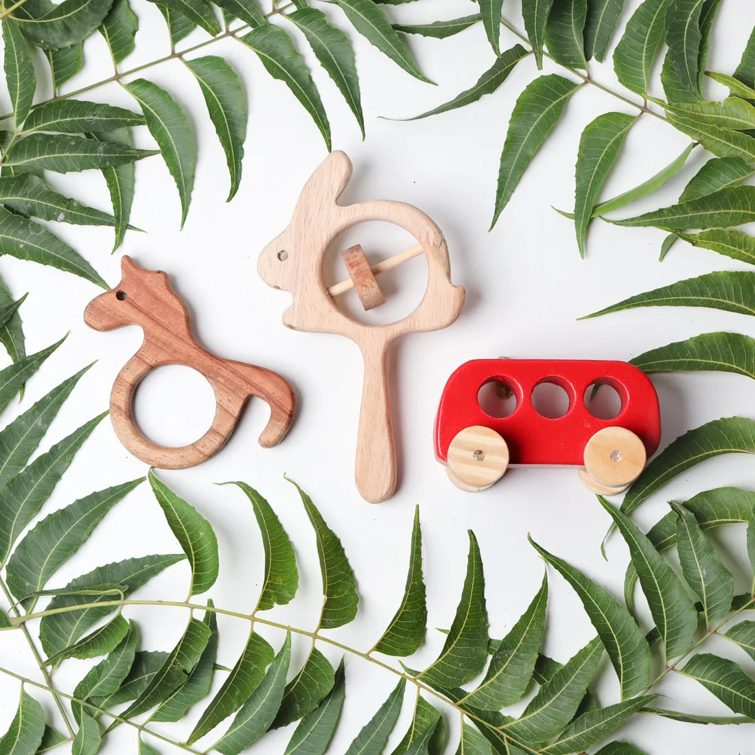 NeemWood Unicorn Teether, Rabbit Rattle & Racing Red Bus Toy [3 Pieces]