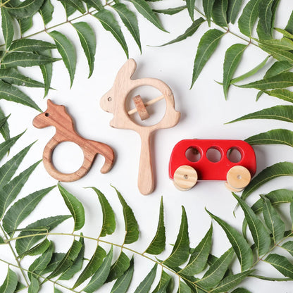 NeemWood Unicorn Teether, Rabbit Rattle & Racing Red Bus Toy [3 Pieces]