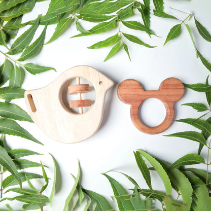 NeemWood Joy Baby Set – Mickey Mouse Teether & Rocking Potato Bird Rattle